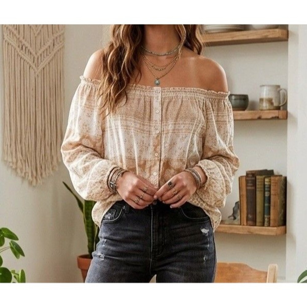 Daytrip Buckle Boho Patchwork OffShoulder ButtonBlouse Large Cream Paisley Fall